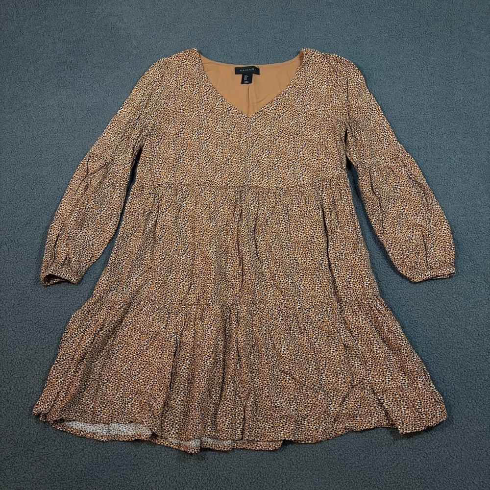 Tahari Dress Womens S Brown Spotted Tiered Babydoll V-Neck Long Sleeve Rayon